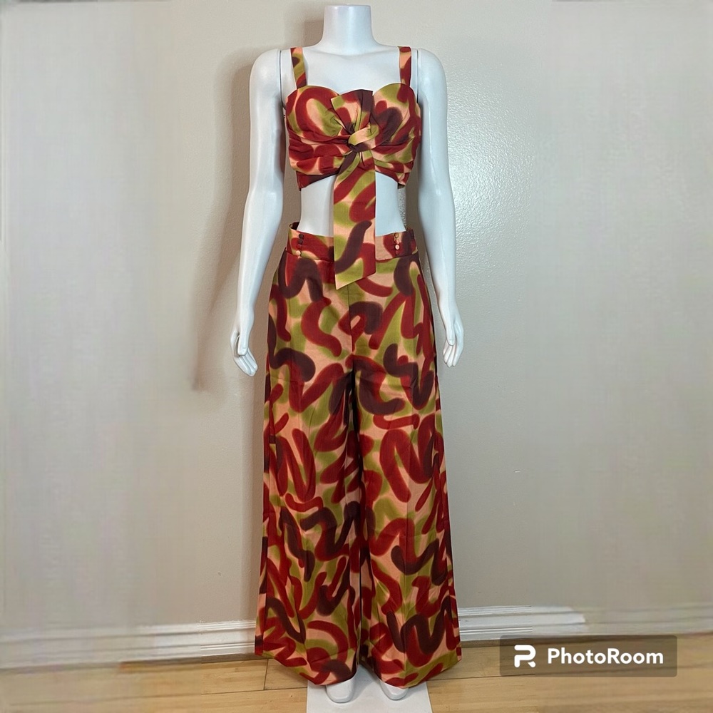 Resortwear crop top shirred back high waisted wide leg two piece pants set